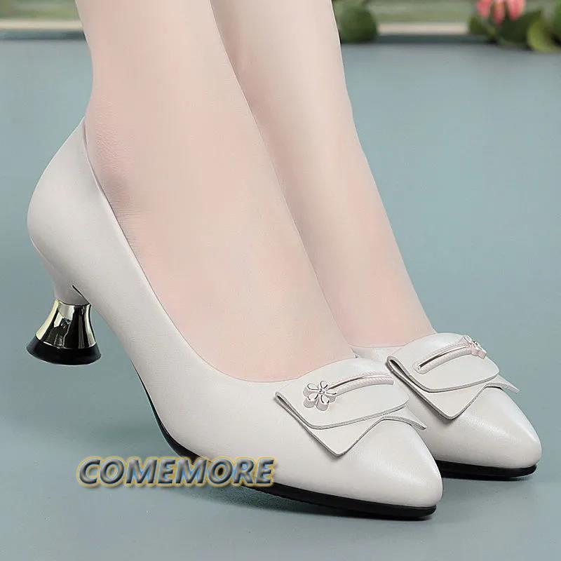 Женская мода весна-лето туфли на высоком каблуке женская повседневная черная мягкая кожа классические нескользящие элегантные рабочие туфли на среднем каблуке