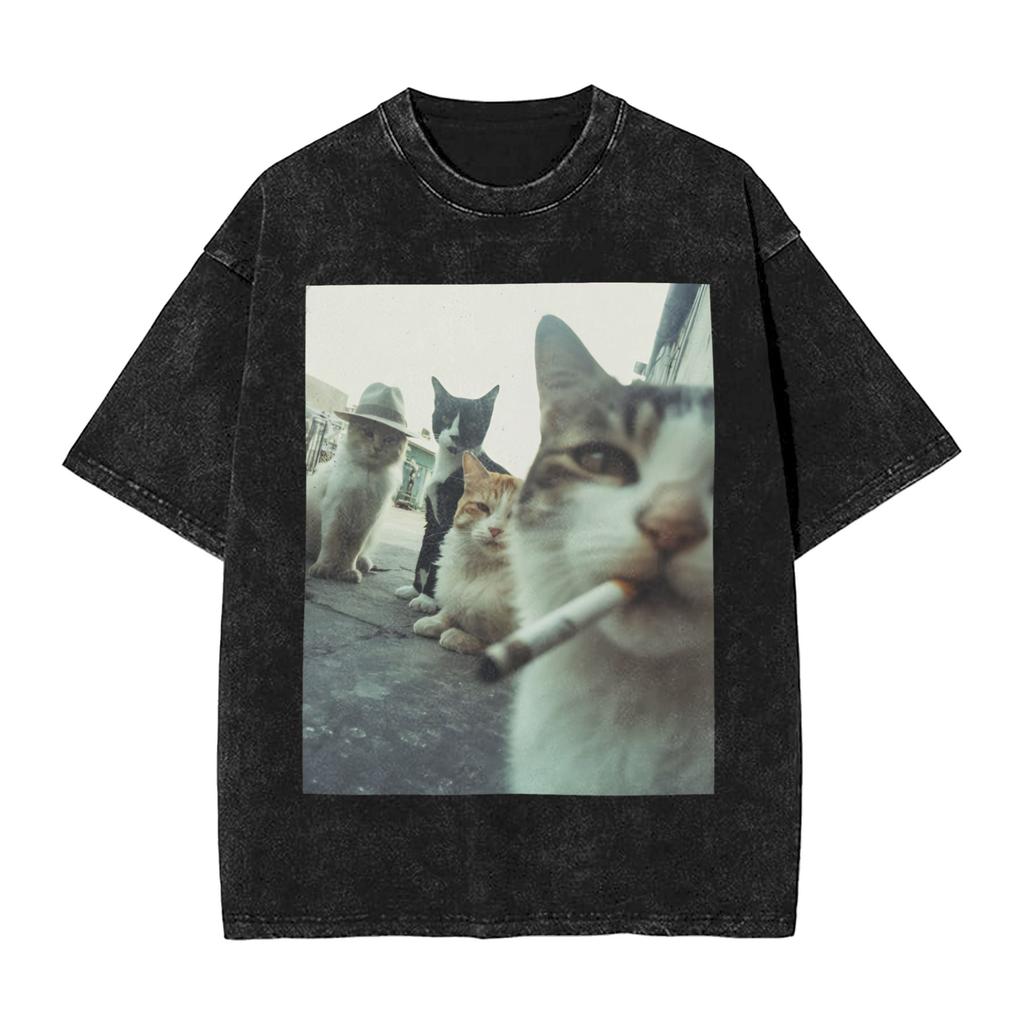 Washed T Shirts Cat Smoking Stay Chill Stay Positive Hip Hop Vintage T-Shirt Oversize Streetwear Cotton Tops Tees for Wo