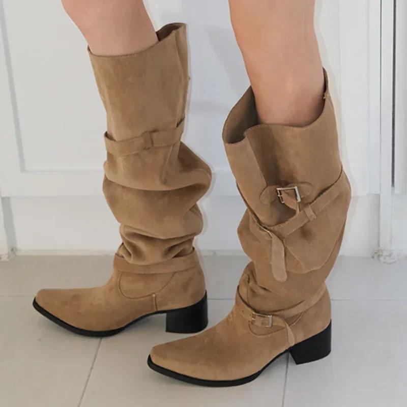 Женские высокие сапоги с острым носком, замшевые ботинки челси, туфли на каблуках, женская обувь 2025 года, модные гладиаторы, мотоциклетные зимние ботинки Mujer