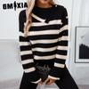 Turtleneck Knitwear Autumn Winter Shoulder Button Color Striped Sweater for Women