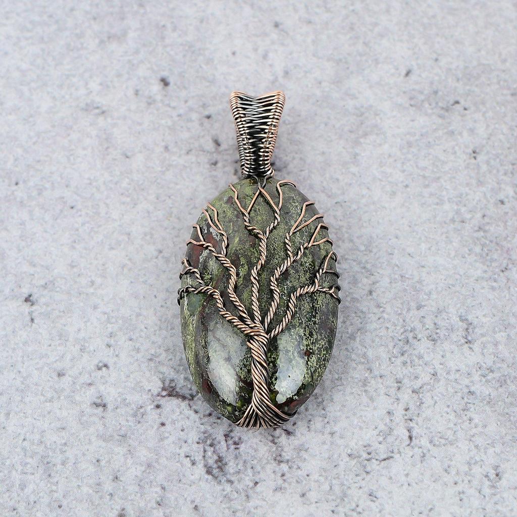 Tree Of Life Dragon Blood Stone Pendant, Handmade Gemstone 999 Copper Wire Wrap Pendant Antique Jewelry, For Gift Copper Jewelry