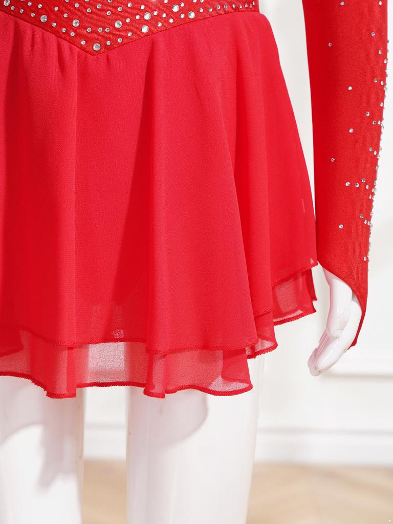 Girls Figure Skating Dress Sleeveless Glittering Rhinestone Keyhole Back with Gloves