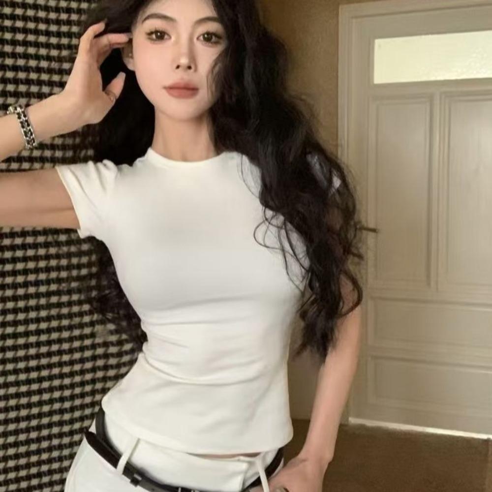 Solid Color Short Sleeve Tees Shirts Basic Pullover Tops Elegant Simple Crop Tops Woman