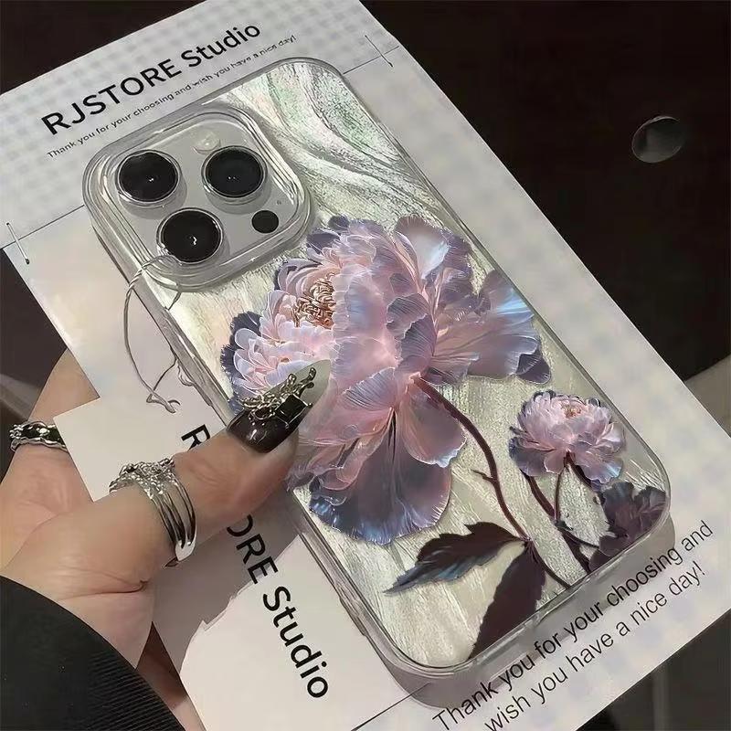 Чехол для телефона с принтом пионов и лотосов для IPhone 16 15 14 13 12 11 Pro Max 15 Pro XS XR 7 8 Plus 16E Ударопрочный посеребренный чехол