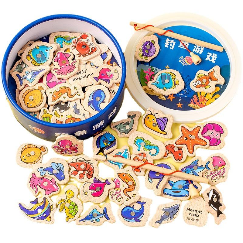 Educational Wooden Magnetic Fishing Game For Children Ocean Animal Cognition And Parent-child Interactive Toy