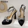 Fashion Bowknot Party Pumps Pointed Toe Sexy Platform Women Shoes Crystal Buckle Strap High Heels Prom Sandal