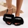 Luxury Lace Pearl Decoration Faux Fur Slides Women 2025 Winter Warm Long Plush Furry Slippers Soft Thick Bottom Slippers
