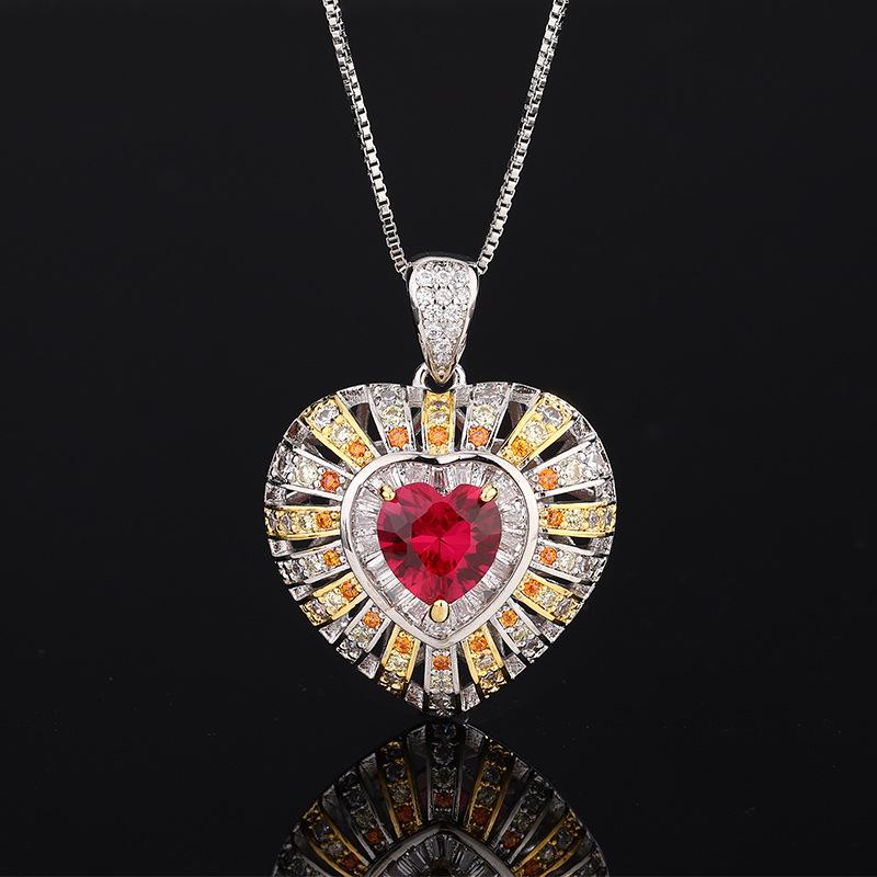 New European and American fashion simulation red corundum heart-shaped set women's jewelry light luxury high-end ring necklace