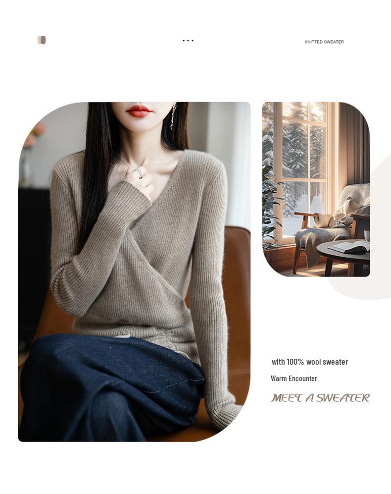 Women's Elegant V-Neck Wool Sweater: Autumn/Winter Fashion Long Sleeve Knitwear with Drawstring.