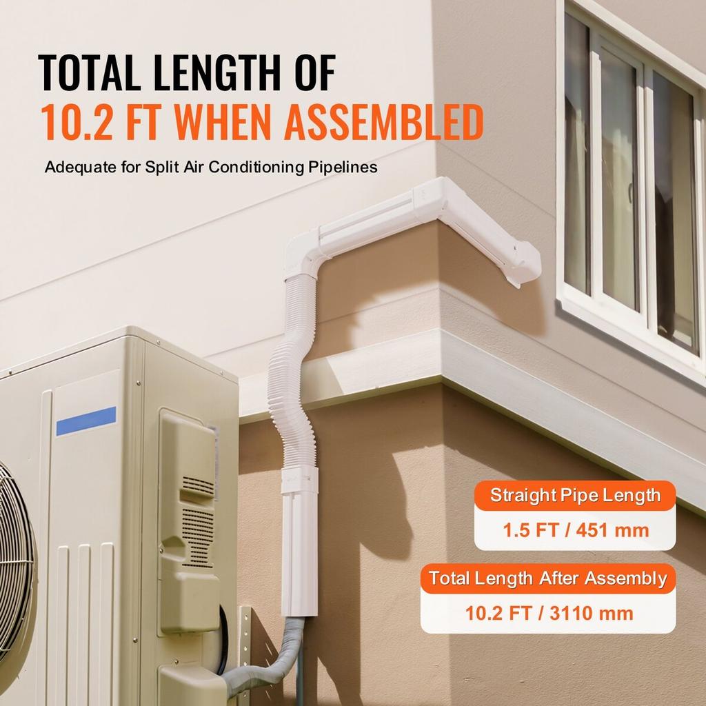 Mini Split Line Set Cover 76.2mm W 3110mm L, PVC Decorative Pipe Line Cover For Air Conditioner with 5 Straight Ducts & Full Components Easy to