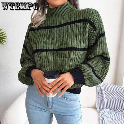 Женский полосатый свитер контрастных цветов, вязаный свитер с полувысоким воротником, пуловер