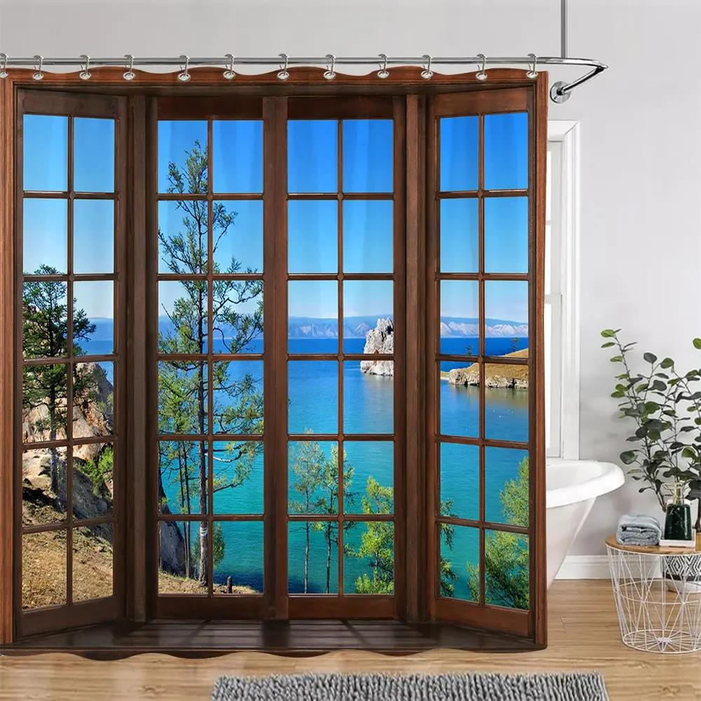 Солнечный Зеленый Лесной Коричневый Окно Шторы для душа Деревья Растения Природа Пейзаж Полиэстер Набор штор для ванной комнаты Декор С крючками