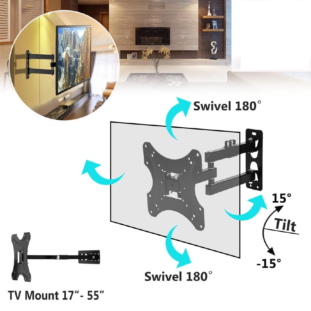 17-55 Inch Retractable 180 Degree Dual Arm Full Motion TV Wall Mount Tilt Swivels Screen Bracket Stand Plasma Holder