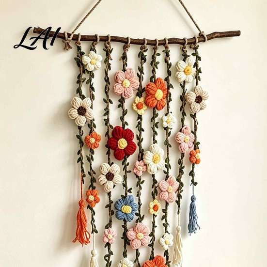 Bohemian Living Room Decor Crochet Flower Garden Wall Hanging Colorful Knitted Tapestry Handmade Boho Handwoven Farmhouse Art for Bedroom