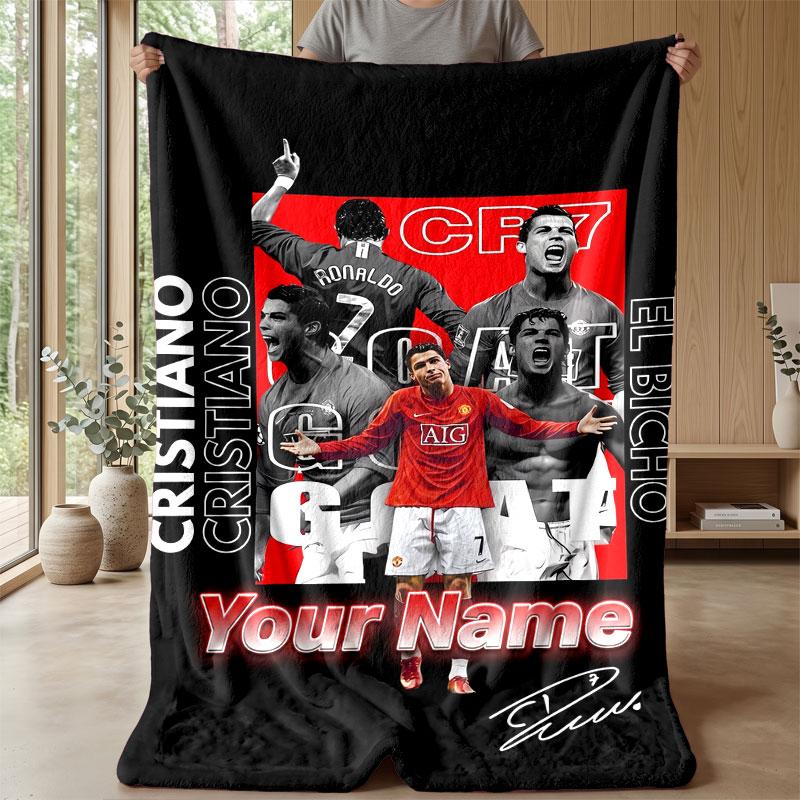 Cristiano Ronaldo Custom Name Text Flannel Blanket Soccer Logo Personalized Fleece Throw Blanket Special Gift For Sofa Bedroom Home