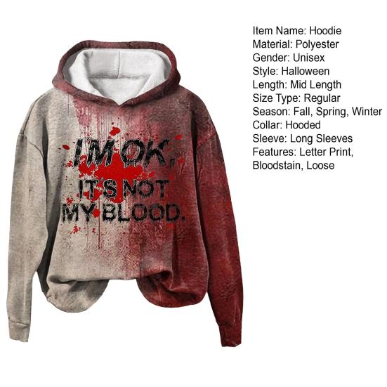 Мужская толстовка с капюшоном на осень-зиму на Хэллоуин с принтом пятен крови, эластичными манжетами, ретро-узором с 3D-буквами, толстая, градиентного цвета, с капюшоном, свободная, сохраняет тепло, средней длины