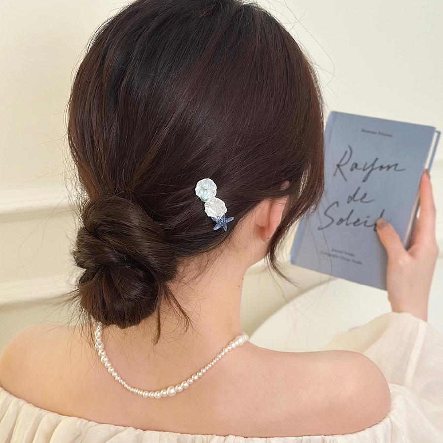 Asymmetrical Shell Starfish Pearl Hairpin Fresh Seaside Vacation Style Duck Bill Clip Fashionable Versatile Hair Accessories Women