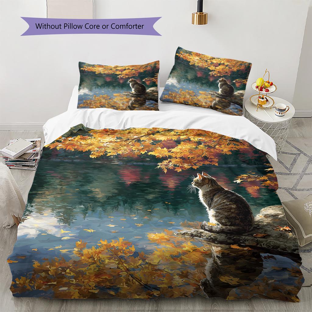 Autumn Leaf Cat  Pattern Bedding Quilt Set Quilt Cover Pillowcase Home Decoration  Gift (1 * duvet cover + 2 * pillowcase, without core)