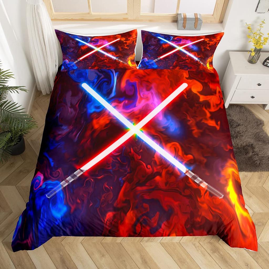 Lightsaber Duvet Cover Set Full,Galaxy Universe Planet Bedding Set 3pcs for Teens Room Decor,Trippy Star Sky Comforter Cover