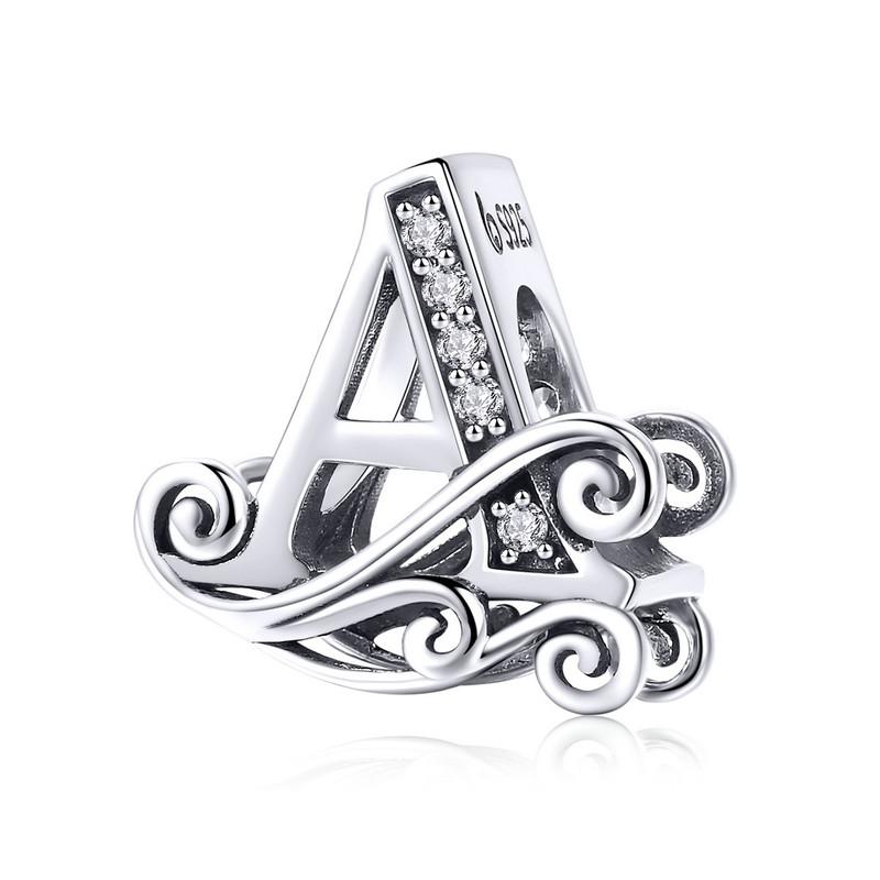 Bamoer Authentic 925 Sterling Silver Vintage Letter A To Z Zircon Bead Charms Fit Original Charm Bracelets DIY Jewelry