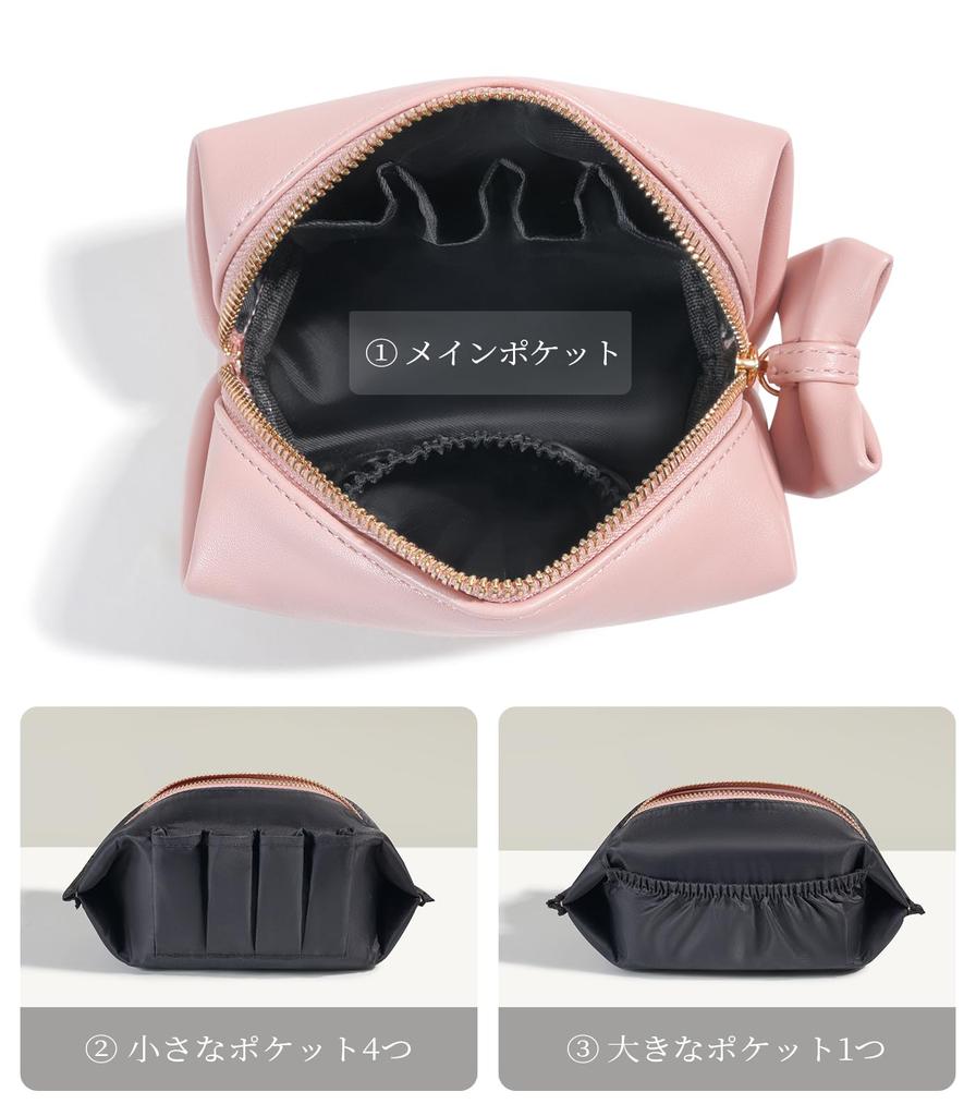 Rownyeon Portable Makeup Cute Ribbon Korean PU Birthday Gift Pouch, Design, Compact, Multi-Compartment, Style, Water-Repellent Leather, Mini, Small,