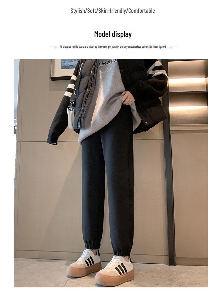 Женские флисовые спортивные штаны с высокой посадкой и манжетами - Толстые серые джоггеры для осени/зимы 2024