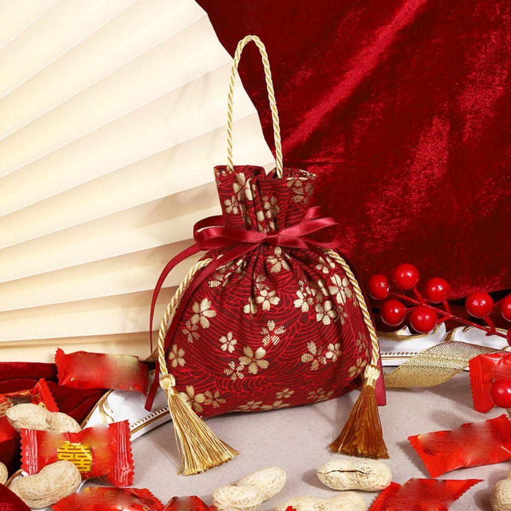 Pearl Pendant Canvas Flower Drawstring Bag Stripe Bowknot Floral Tassel Handbag Female/Girls