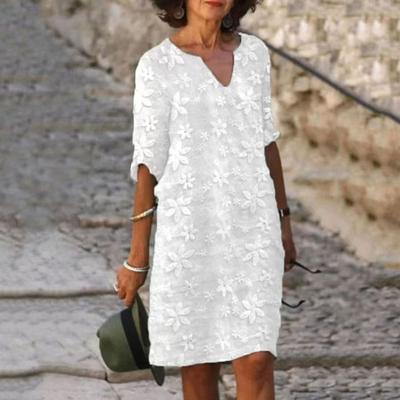 Женское пляжное платье V-образный вырез рукава до локтя цветочная вышивка пуловер элегантная повседневная одежда белый цвет женское летнее свободное повседневное миди