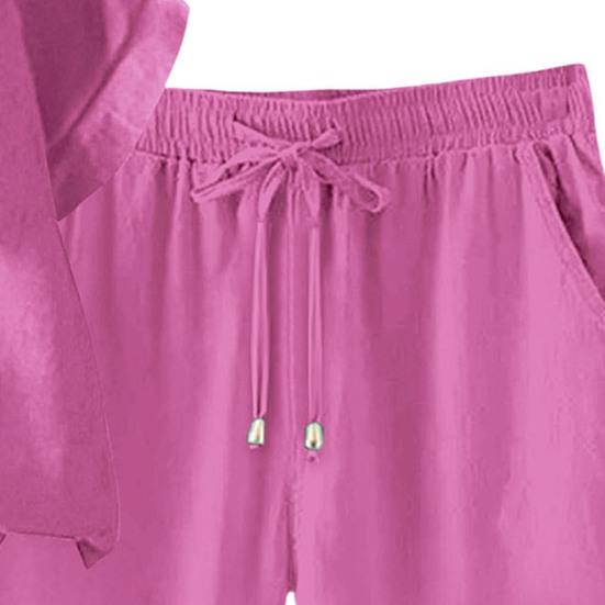 Комплект из 2 предметов из хлопка и льна для женщин, короткий рукав, V-образный вырез, широкие шорты, летний повседневный свободный комплект для отдыха