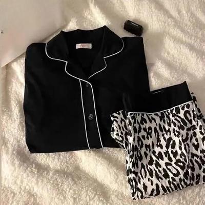 Весенне-летняя версия женской пижамы, домашняя одежда, черный леопардовый кардиган, осенне-зимняя домашняя одежда, тонкий костюм