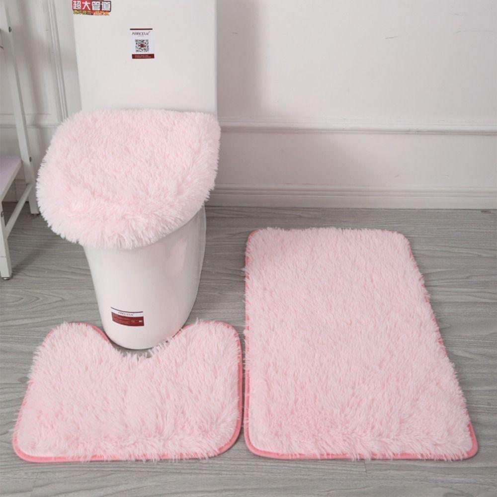 3pcs/set Fluffy Hairs Toilet Lid Cover Rugs Solid Color Shower Carpets Sets Shower Room