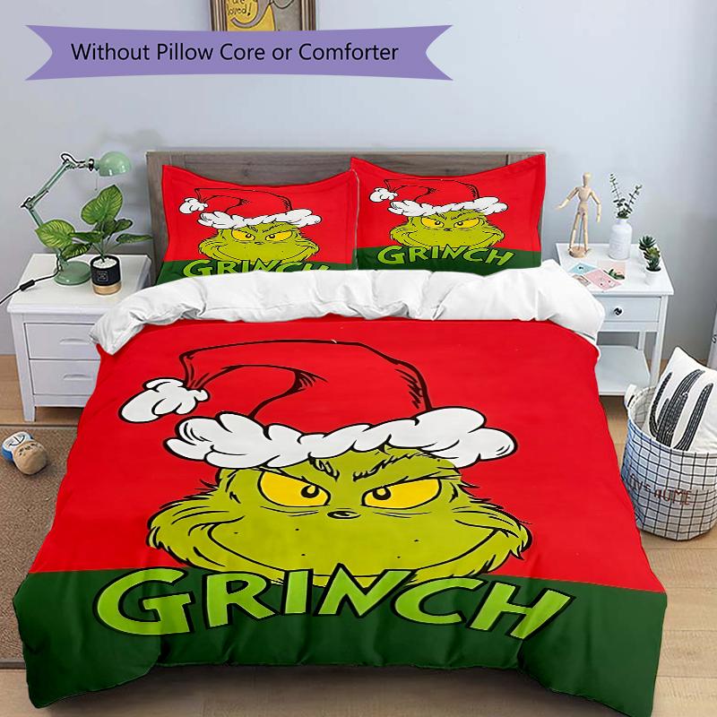 Grinch Holiday Christmas Printed 3pcs Bedding Set Soft Microfiber 1 Duvet Cover And 2 Pillowcases Home Bedroom Decor Xmas Gift Q1901
