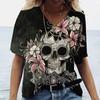 Flower Skull Pattern 3D Digital Print Women's Comfortable V-neck Short Sleeved T-shirt