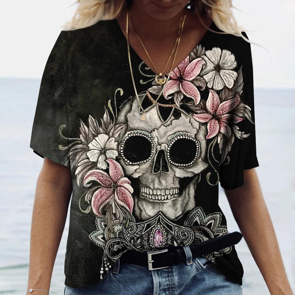 Flower Skull Pattern 3D Digital Print Women's Comfortable V-neck Short Sleeved T-shirt