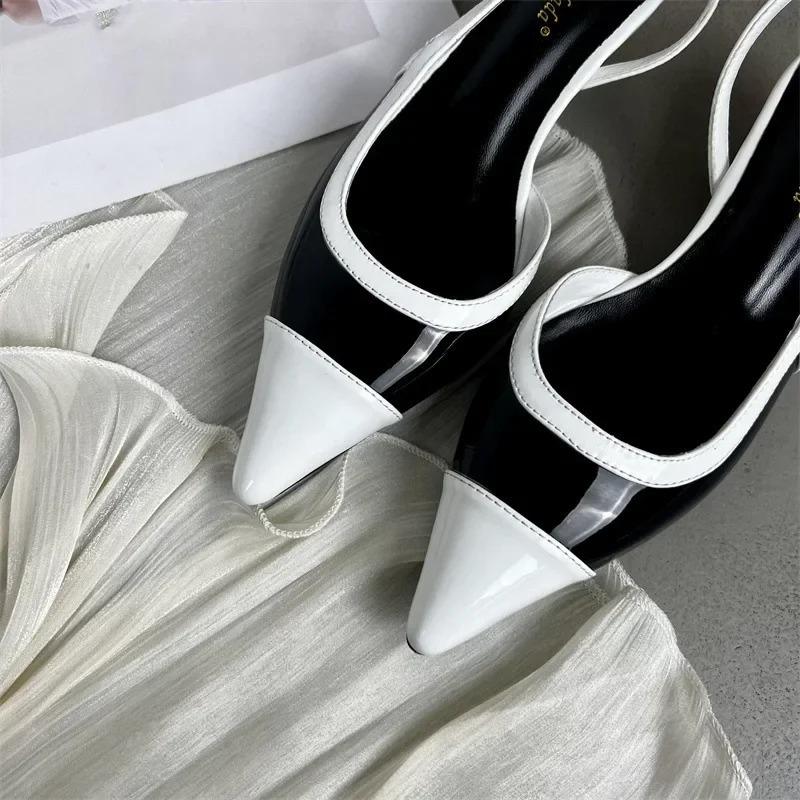 Designer Black White Color Low Heeled Sandals Women Sexy Pointed Toe Slingbacks Chunky High Heels Women Elegant Heels