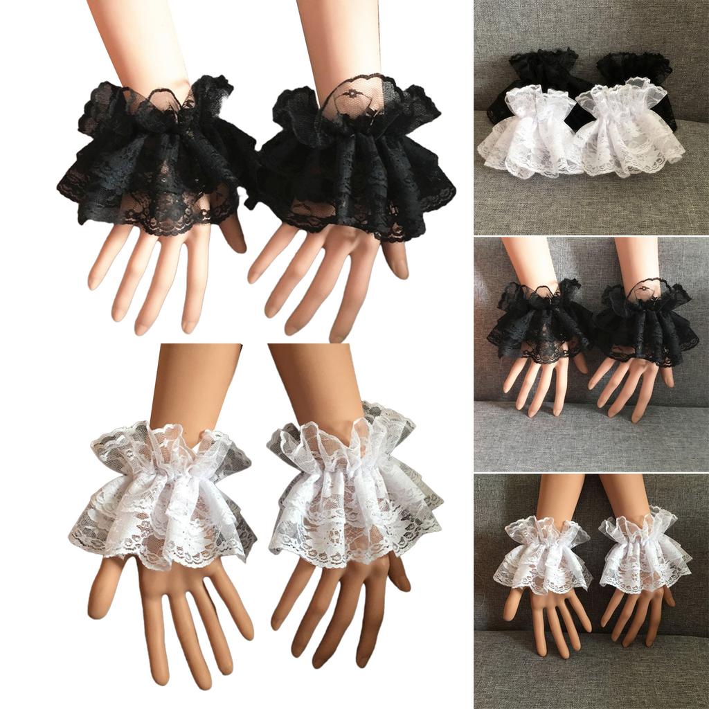 Cosplay Maid Pleated Flared Wrist Cuffs with Lace Flower Pattern Decors Detachable Wrist Woman Clothing Accessory