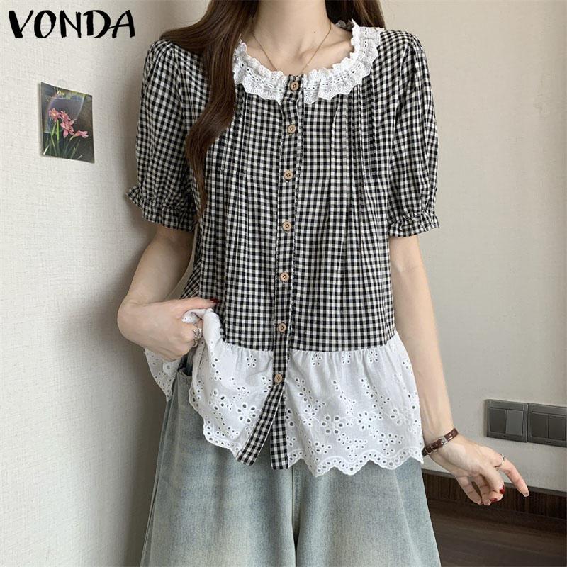 VONDA Women Short Sleeve Plaid Lace Crochet Ruffled Casual Blouse