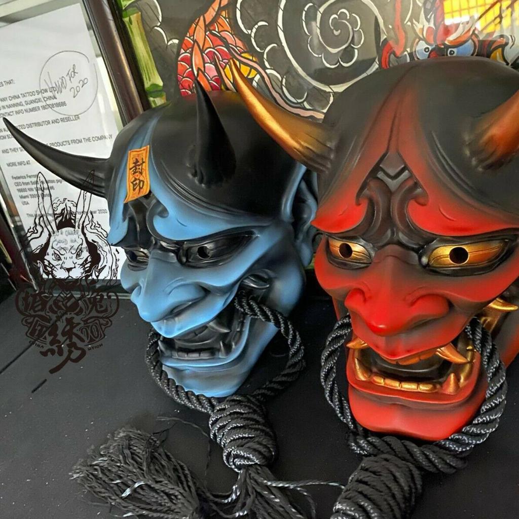 Adult Unisex Halloween Japanese Sealed Prajna Devil Hannya Noh Kabuki Demon Oni Samurai Full Face Mask Black Blue Red