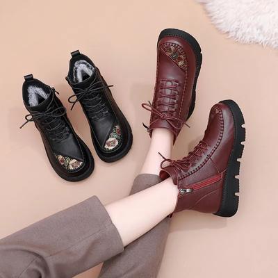Модные зимние женские кожаные ботильоны, женские нескользящие теплые зимние ботинки, водонепроницаемые ботильоны на плоском каблуке для мамы