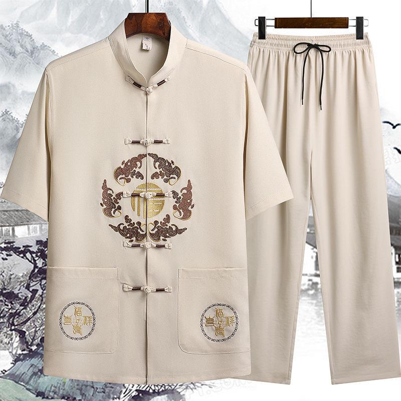 Костюм ханьфу с короткими рукавами в китайском стиле, мужской костюм Тан, летний костюм тайцзи в китайском стиле, костюм дзен, мужская одежда