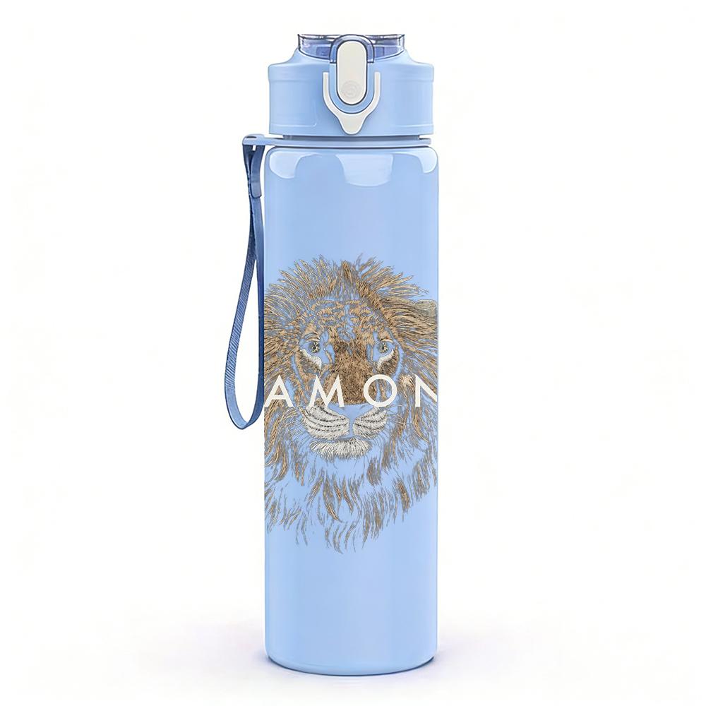 1PC Lion head golden monochrome print 750ml colorful plastic sports water bottle leakproof pop up lid with straw for outdoor work home use