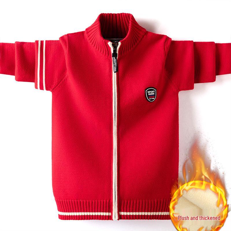 Красный вязаный кардиган на молнии для мальчиков: На флисовой подкладке, из чистого хлопка, толстый шерстяной для осени/зимы
