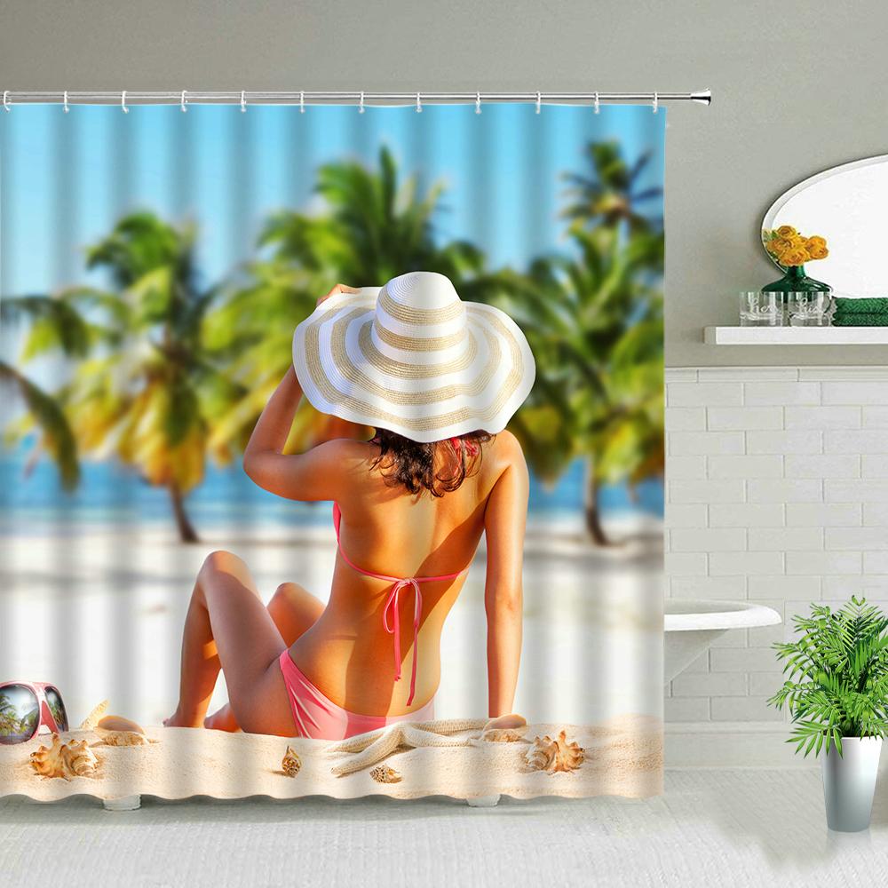 Солнечный свет Пляжная девушка Пальма Доска для серфинга Пейзаж Шторки для душа Сексуальная женщина 3D-принт Шикарная занавеска Декор для ванной комнаты С крючками