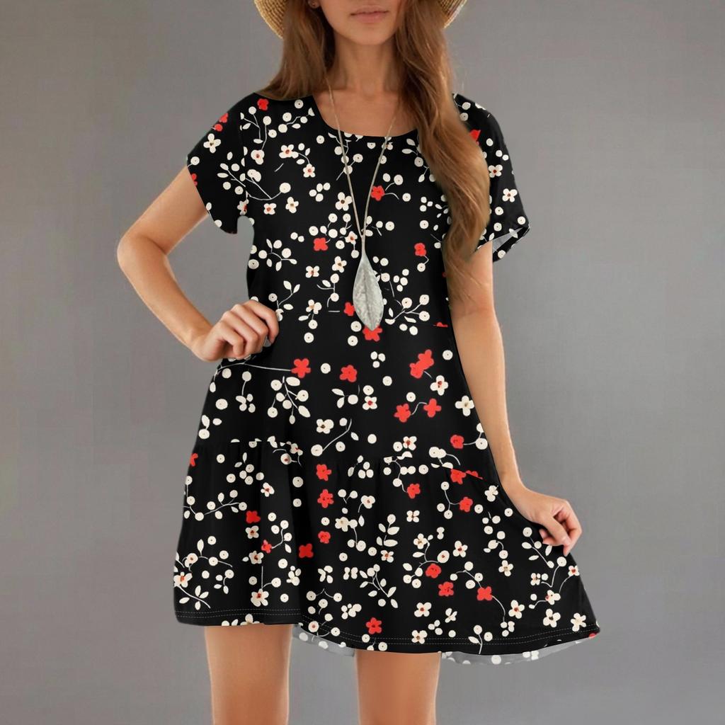 Women's Fashion Casual Round Neck Short Sleeve Ruffle Gradient Printed Dresses