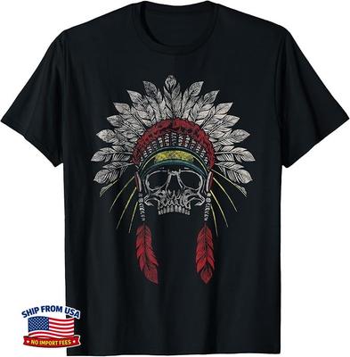 Native American Indian Chief Skull Vintage Headdress T-Shirt