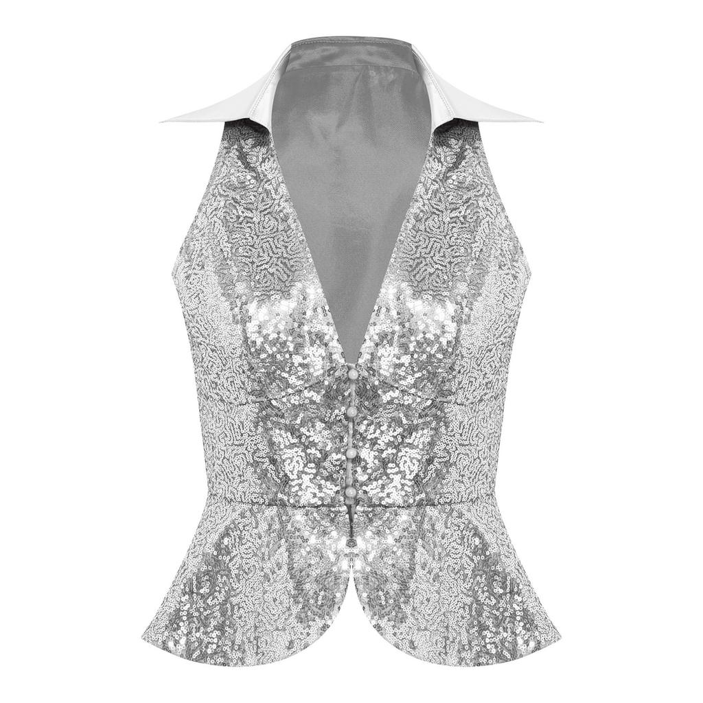 Женский стильный однотонный жилет с лацканами, без рукавов, с блестящими пайетками, вечерний топ для вечеринки, наряд для ночного клуба