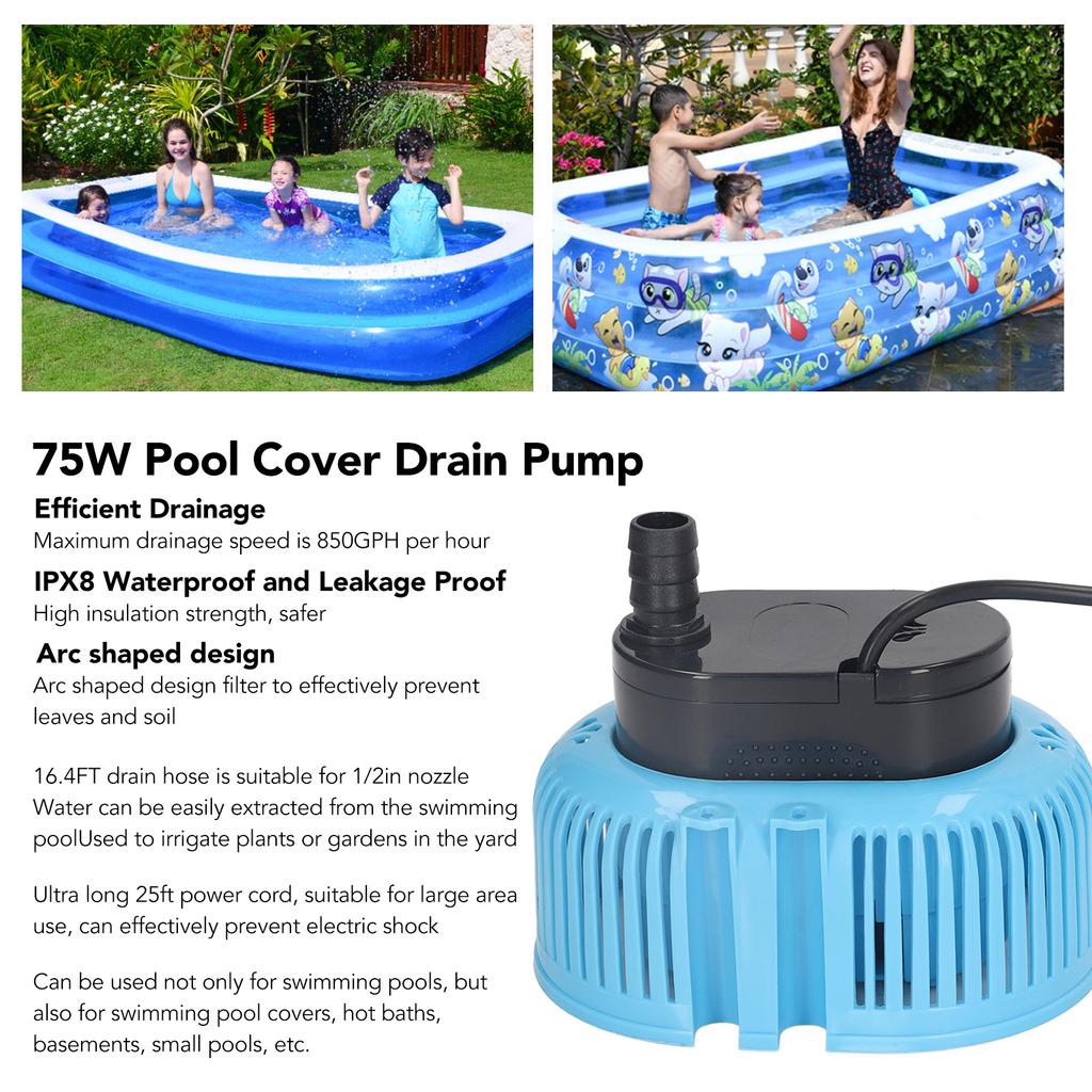 Pool Cover Pump 75W 850GPH Flow 10.5ft Lift Dry Burning Protection Submersible Pool Cover Drain Pump with 5m Water Hose 220V 50Hz