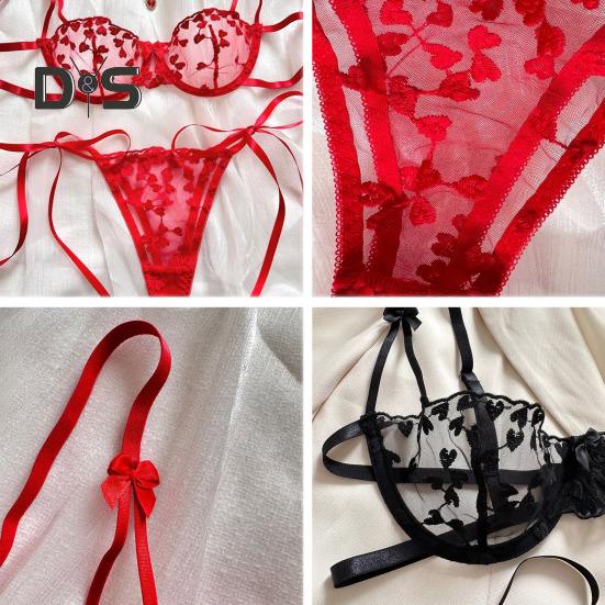 Комплект нижнего белья из 2 предметов: бюстгальтер и трусики, прозрачный, кружевной, с вышивкой в виде сердца, однотонный, с регулируемым ремешком, тонкий, мягкий, с высокой талией, для первой брачной ночи или медового месяца