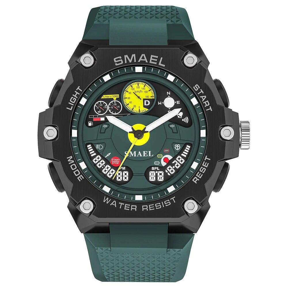 SMAEL Электронные цифровые часы с двойным дисплеем, спортивные часы, водонепроницаемые часы 50 м, будильник 8092, молодежные модные кварцевые наручные часы