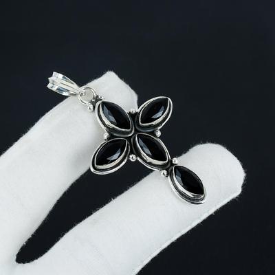 Серебряный кулон-крест с натуральным черным камнем шпинель из серебра 925 пробы — дизайн ручной работы, повседневные украшения, уникальный кулон, подарок на День отца